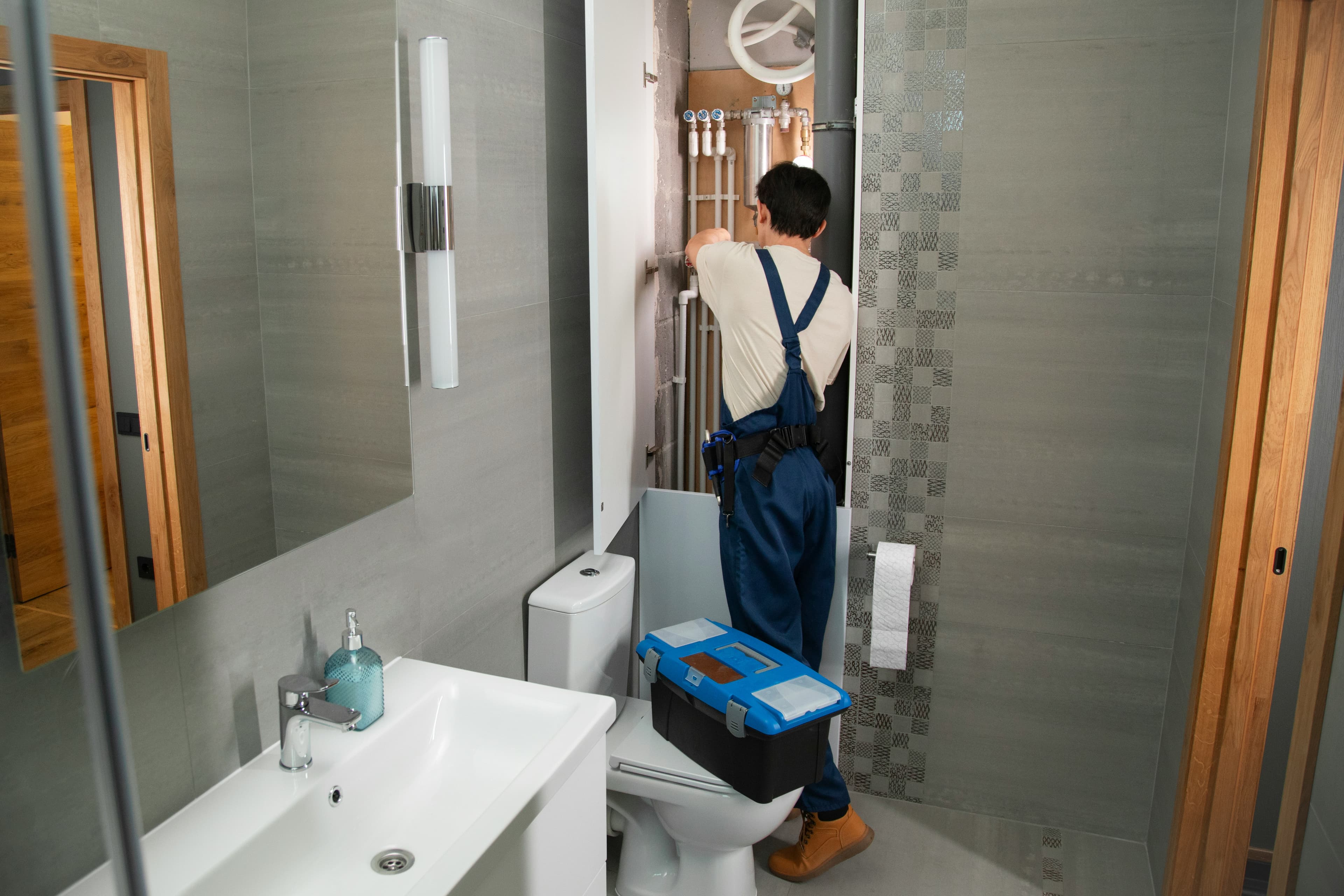 A plumber servicing the pipes behind a bathroom wall at a Glastonbury home